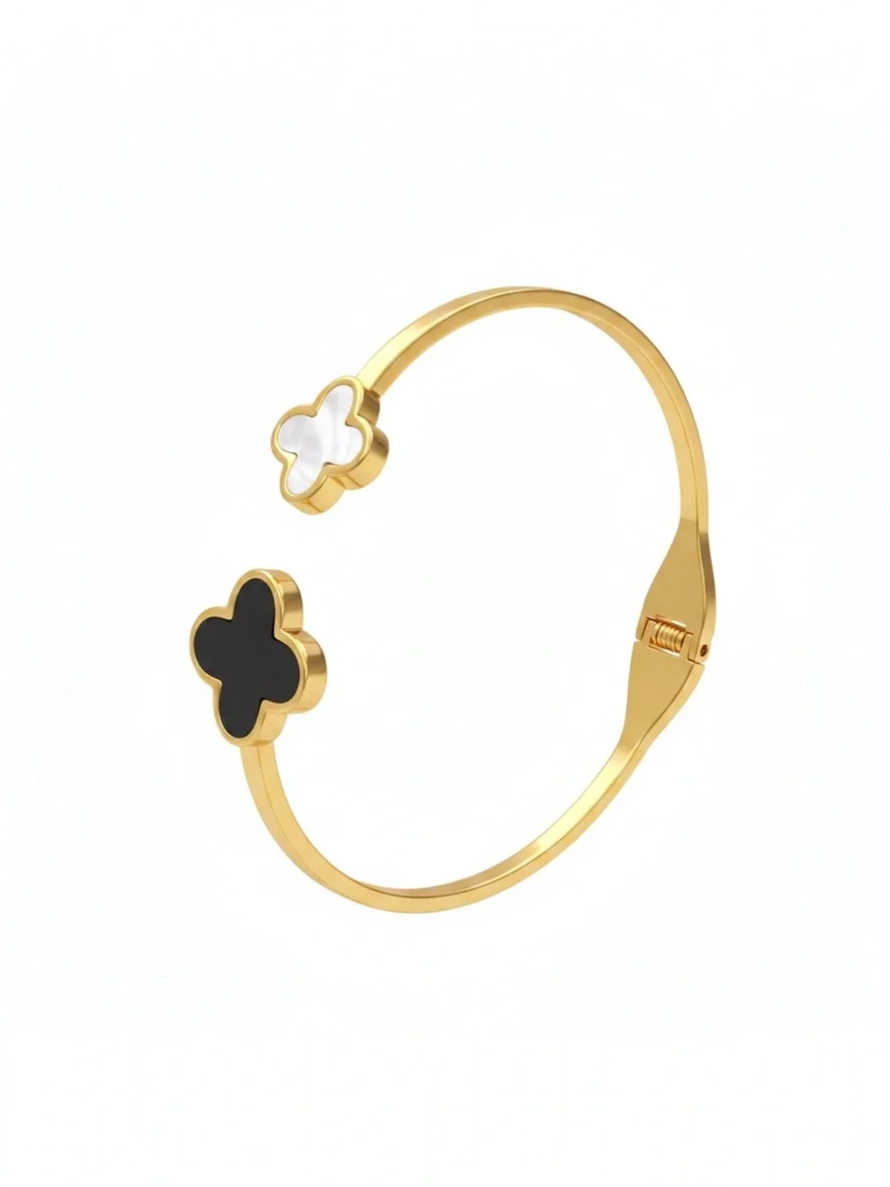 NEW Gold Stainless Steel Clover Bracelet Set | Black & White Bangle Stack